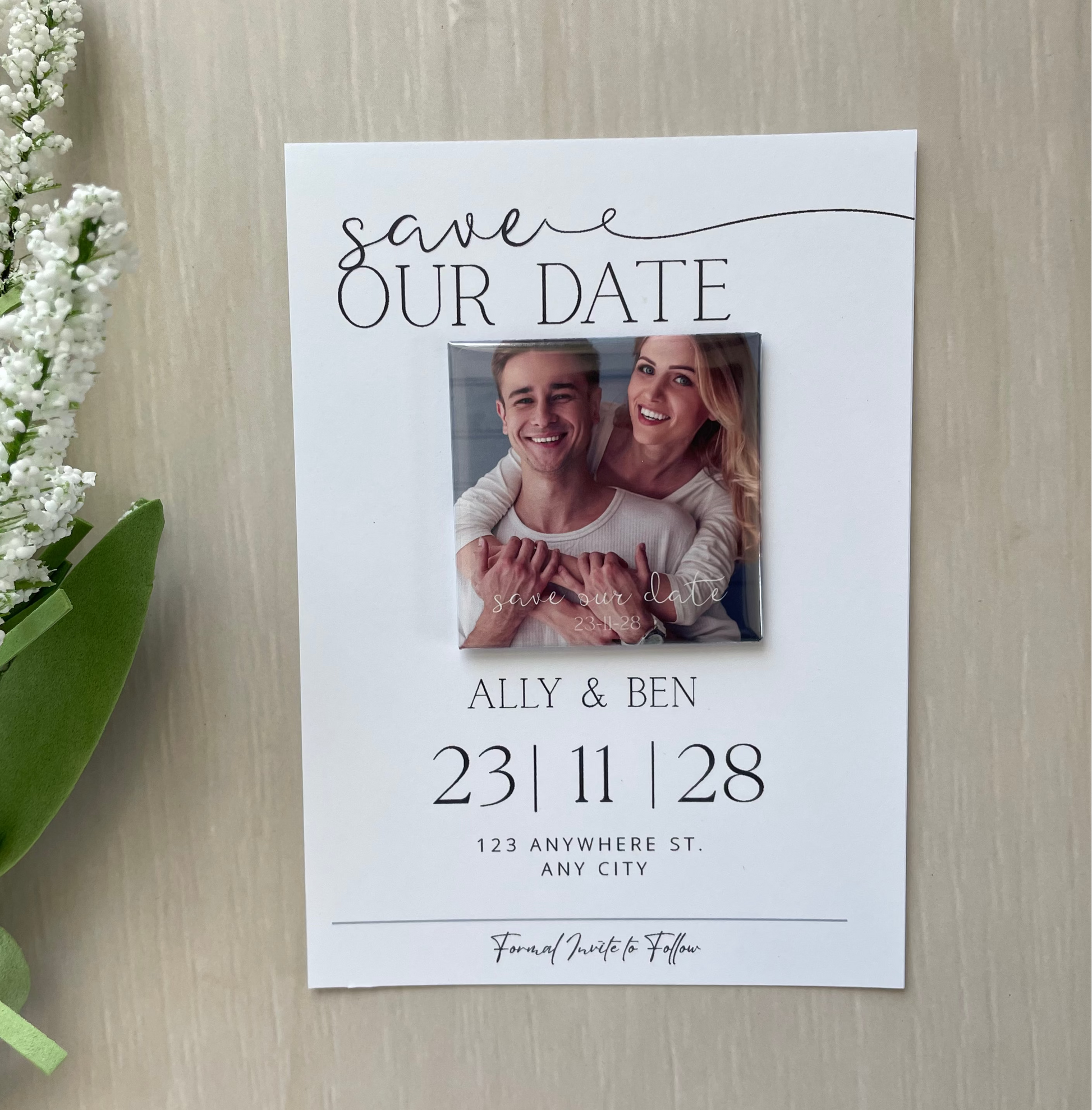 Save the date cards with custom photo magnets